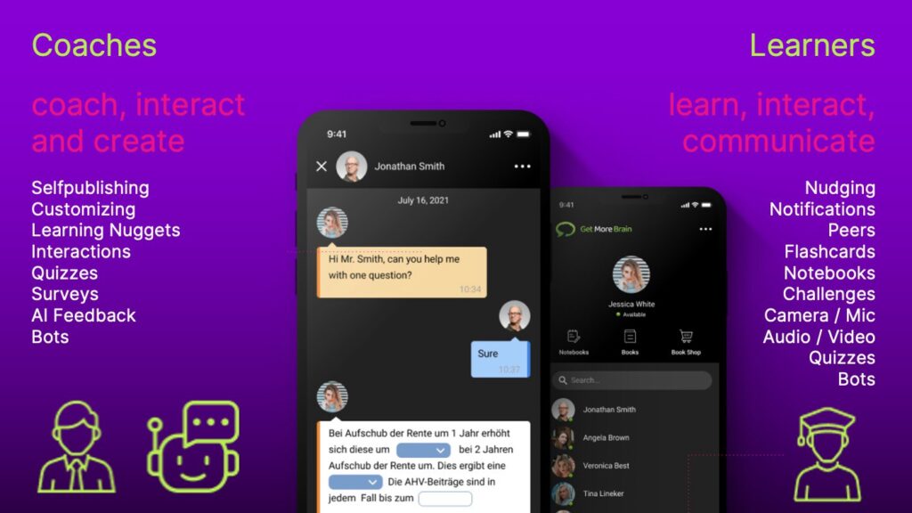 The image shows a PowerPoint-Slide about Coaches and Learners and what they can do with Get More Brain.