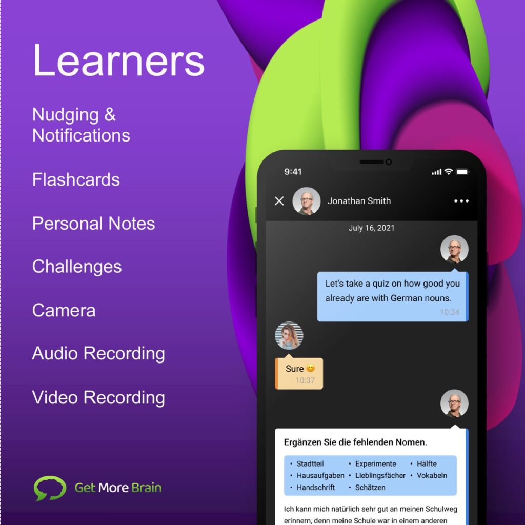 The image shows a list of features of Get More Brain for Learners: notifications, flashcards, personal notes, challenges, camera recording, audio recording, video recording.