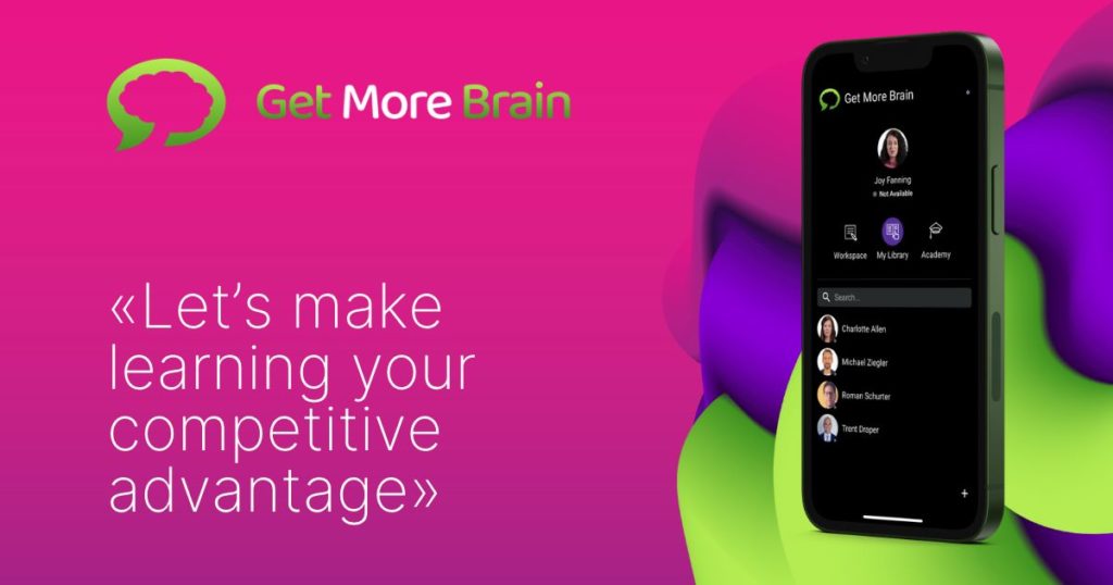 The image shows a generic poster with a smartphone with Get More Brain on its display. The color of the poster is violet and it also shows the green logo of Get More Brain