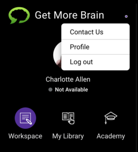 The image shows the profile settings of Get More Brain. Use the Menu in your Dashboard to edit your profile settings.
