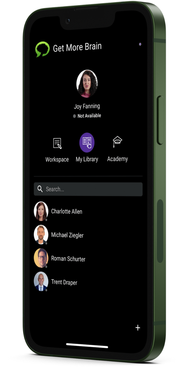 the image shows a smartphone-mockup of Get More Brain, our platform to create engaging upskilling-environments: personal dashboard with messenger, workspace, library and academy