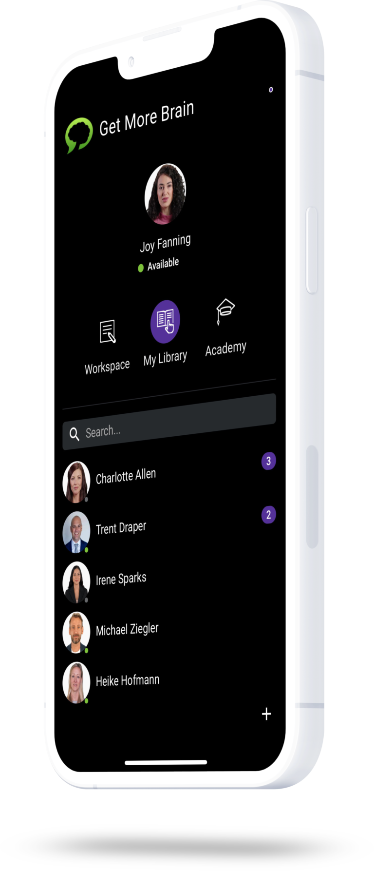 the image shows a smartphone-mockup of Get More Brain, our platform to create engaging upskilling-environments: personal dashboard with messenger, workspace, library and academy.
