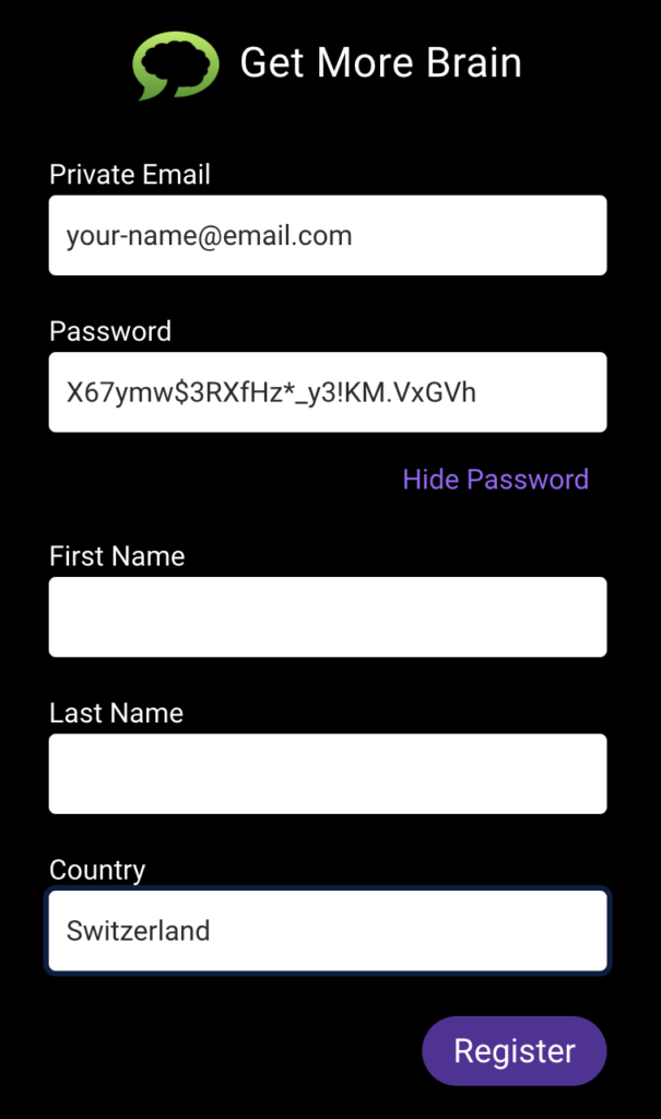The image shows the Login to Get More Brain. Use a private email address and a secure password to register.