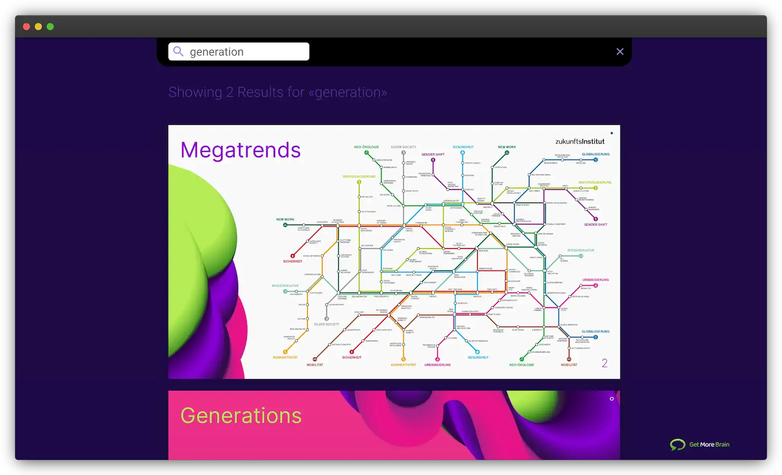 The image shows the Workspace of Get More Brain with your personal Notebooks. Search all your Notebooks to find specific content in a blast.