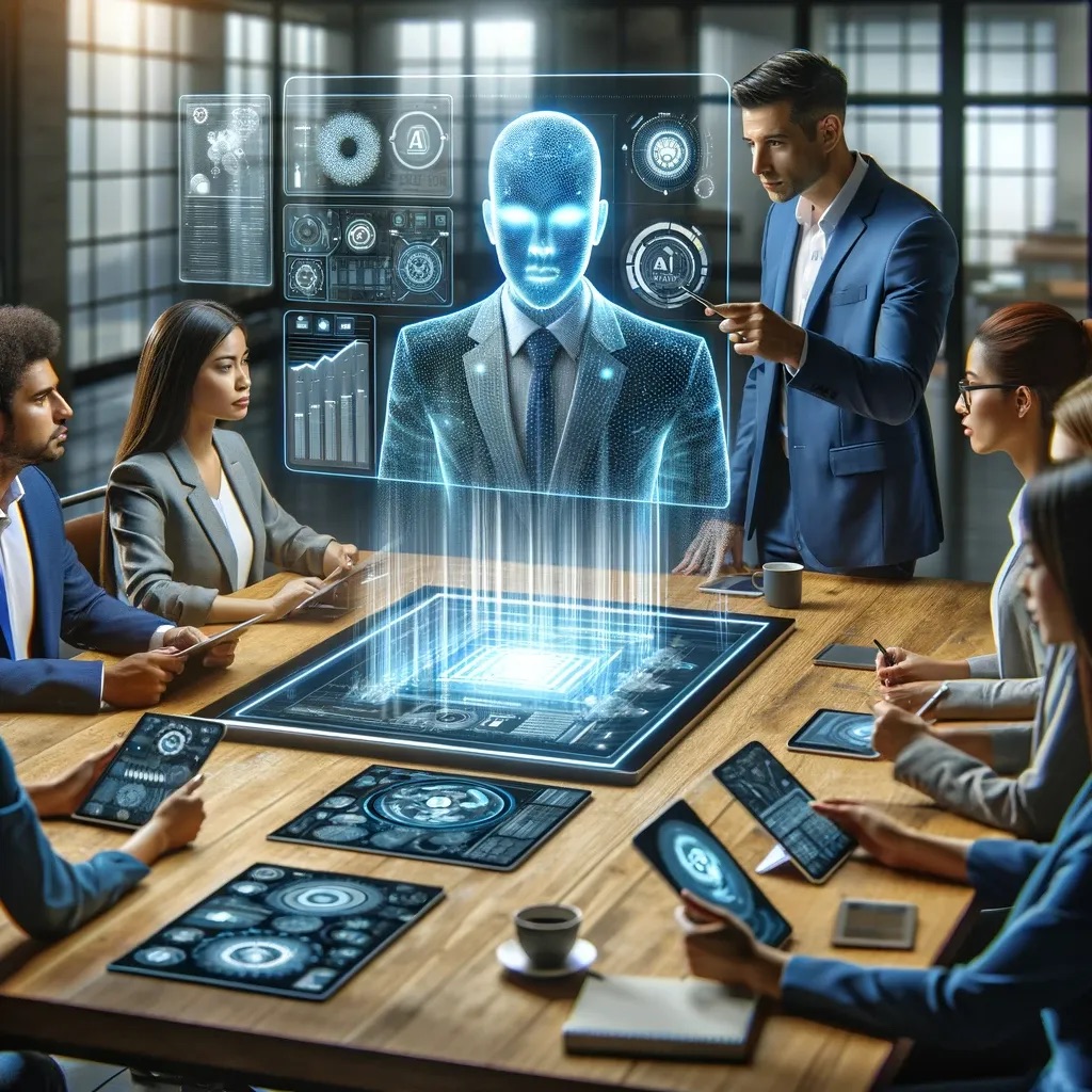 Done with AI: group of people sitting on a desk looking at a futuristic hologram in the center