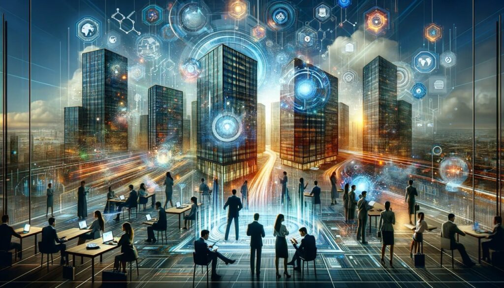 The image is created by AI. It shows a group of people in front of a futuristic skyline.