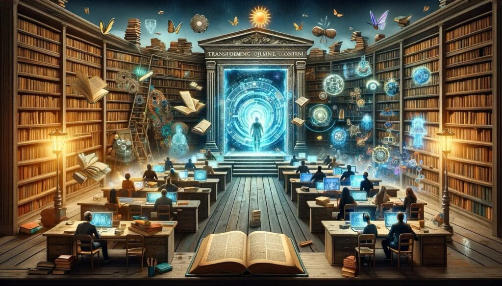 The image is made with KI and shows an old library with many books. In it there are people working on futuristic displays.