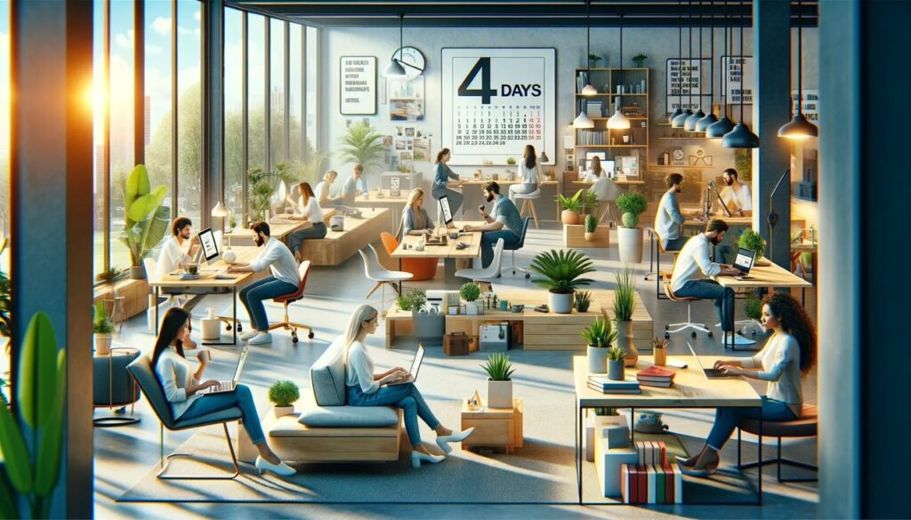 A futuristic office workplace with people working (generated with AI)