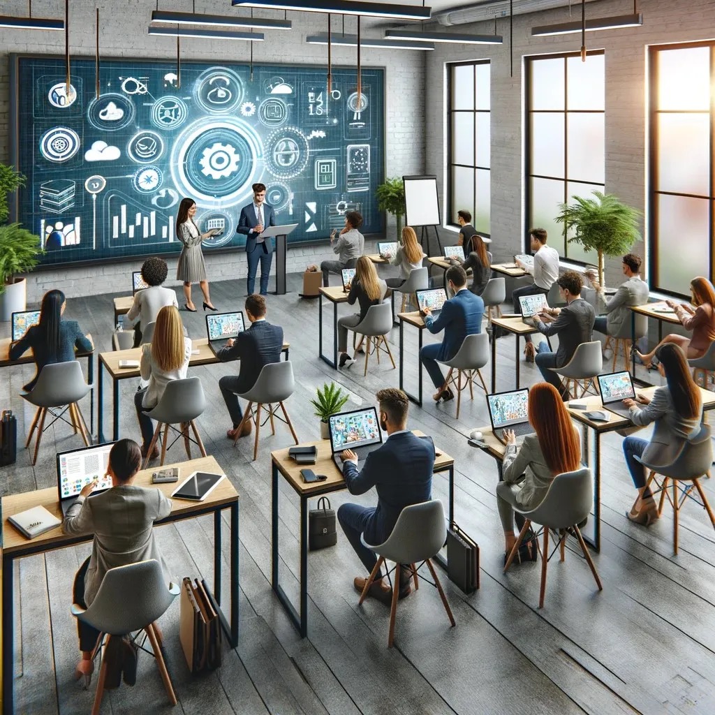 The image shows a futuristic classroom with people learning on their laptops.